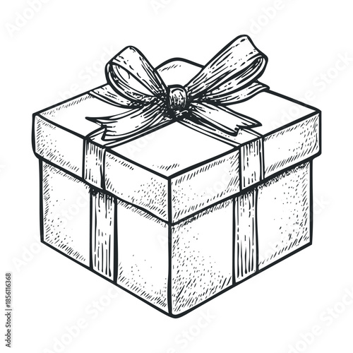 Handdrawn sketch of a beautifully wrapped gift box with a bow perfect for holiday promotions, birthday celebrations, or special occasion announcements and decorative prints.