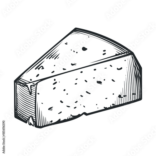 Appetizing wedge of delicious cheese engraved in a classic monochrome style perfect for culinary blogs restaurant menus grocery store flyers and food packaging designs