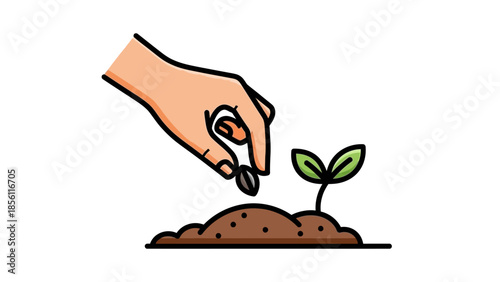 Hand Planting Seed in Soil with Sprout.