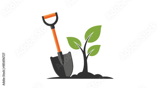 Shovel and Small Green Plant Growing.