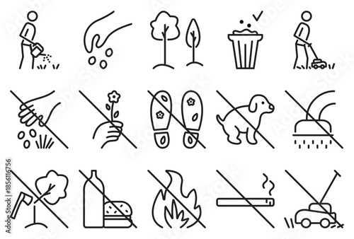 Black line lawn vector icon set. Classic signs for parks, gardens and farms and prohibitory pictograms. Linear monochrome prohibitive editable stroke symbols
