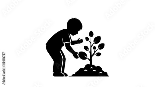 Silhouette of Child Planting a Tree.