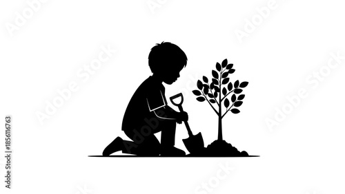 Child Planting a Tree Silhouette Illustration.