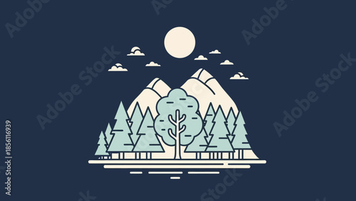 Stylized Illustration of Mountains and Trees.