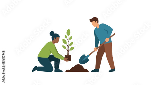 Man and Woman Planting a Tree Together.
