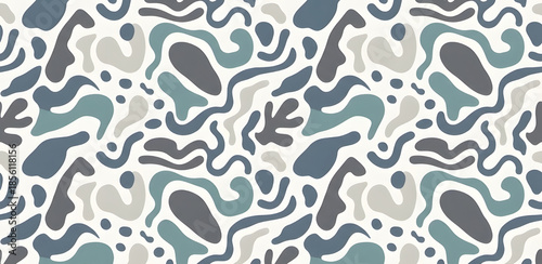 Seamless abstract organic pattern with modern fluid shapes in muted mineral blue and grey tones