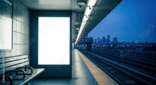 Empty billboard at train station at night. Wooden bench beside. Urban setting. City lights visible in background. Waiting area for commuters. Nighttime scene of public transport facility