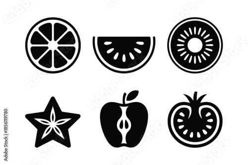 Fresh fruit cross section and vegetable silhouette icons