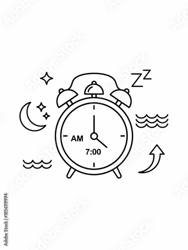 Alarm clock illustration symbolizing morning wake-up time with sleep and wakefulness elements