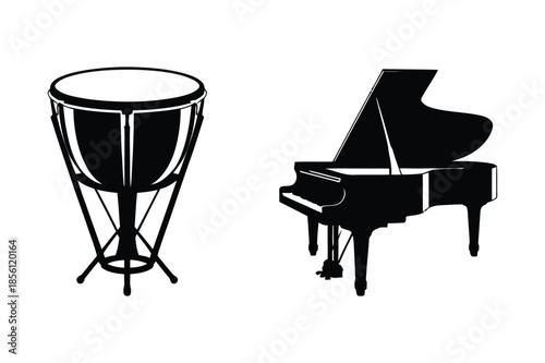 Musical instruments icons of grand piano and kettle drum