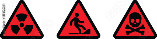 Set of safety hazard warning signs, Danger, caution, flammable, toxic, electric shock, radioactive, corrosive, poison symbols. Workplace health. Vector illustration !