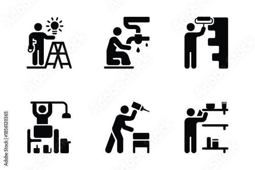 Home maintenance icons showing plumbing and painting repairs