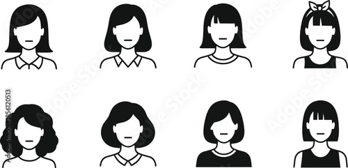 Eight black and white cartoon female faces with different hair styles