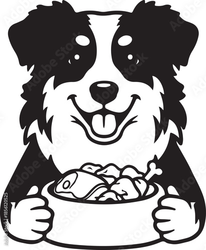 Happy cartoon dog illustration with a big smile holding a bowl full of delicious food