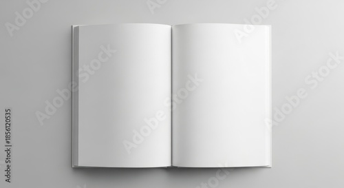 Open blank magazine pages, template mockup for graphic design. Clean white spread, minimalist layout for advertisement, book and album presentation. Tabletop workspace concept with soft wave texture.