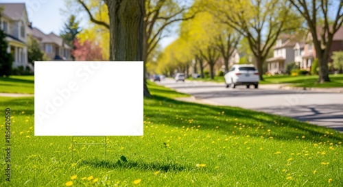 Blank yard sign stands in grassy area near city street on sunny day. Blank white sign ready for message advertisement. Green grass surrounds sign. Residential houses and cars in blurred background.
