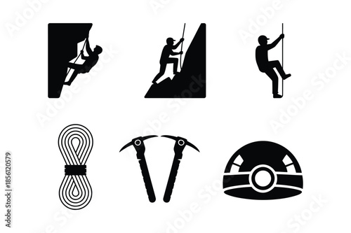 Outdoor Rock Climbing and Mountaineering Adventure Icon Set