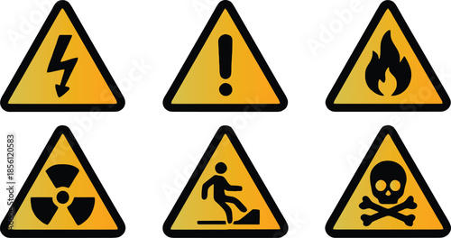 Set of safety hazard warning signs, Danger, caution, flammable, toxic, electric shock, radioactive, corrosive, poison symbols. Workplace health. Vector illustration !