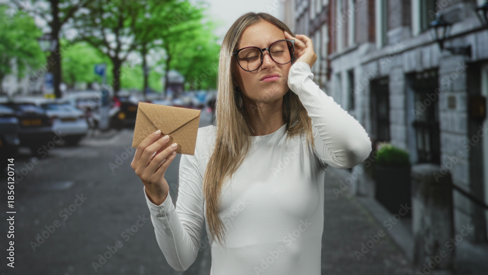 Fototapeta premium Young hispanic woman holding brown envelope, touching temple with glasses on a city street, squinting at the mail; frustration.