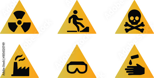 Set of safety hazard warning signs, Danger, caution, flammable, toxic, electric shock, radioactive, corrosive, poison symbols. Workplace health. Vector illustration !