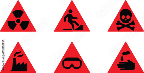 Set of safety hazard warning signs, Danger, caution, flammable, toxic, electric shock, radioactive, corrosive, poison symbols. Workplace health. Vector illustration !
