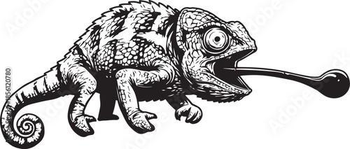 Illustrated Chameleon Licking Tongue Detailed Black and White