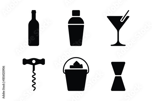 Professional Bar Accessories and Cocktail Beverage Tool Icon Set