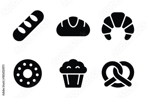 Fresh Bakery Bread and Sweet Pastry Product Silhouette Icon Set