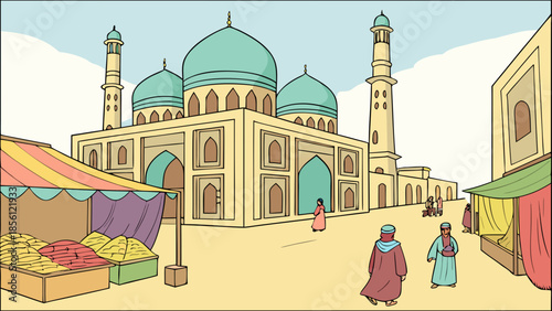 Bustling ancient market square in a middle eastern city with a grand mosque