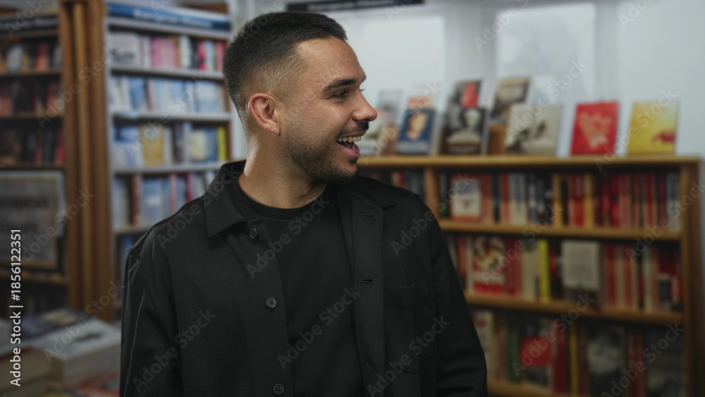 Fototapeta premium Young man wearing black jacket smiles and turns head near bookshelf while speaking in library; curiosity exploration.
