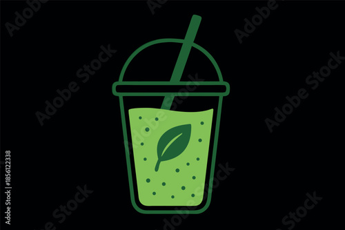 Green Smoothie Cup with Leaf Illustration on Black Background