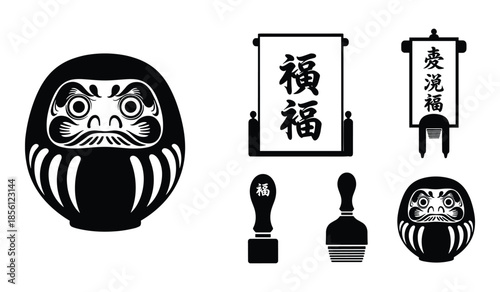 Black Silhouette Japanese Daruma Doll Scrolls and Stamps vector illustration