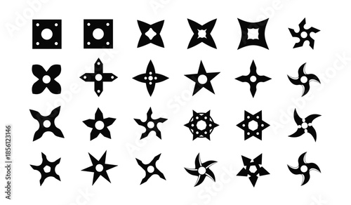 Black Silhouette Collection of Shuriken and Star Shapes on White Keywords: shuriken, ninja star, throwing star, weapon, martial arts, japan, silhouette, black, star, shape, geometric, design