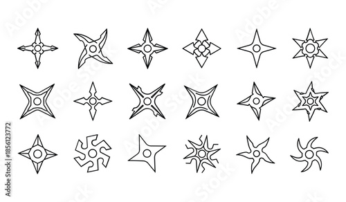Collection of Black Outline Shuriken Star Weapon Icons on White Background Keywords: shuriken, ninja star, throwing star, weapon, martial arts, combat, ancient weapon, Japanese weapon, star, blade