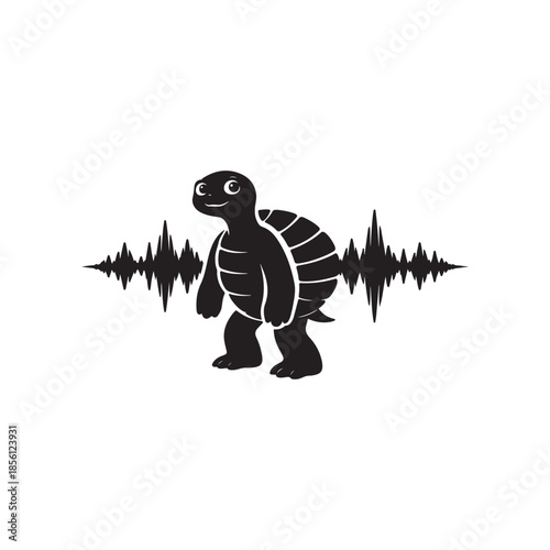 Black silhouette of a smiling turtle standing next to a sound wave black and white animal