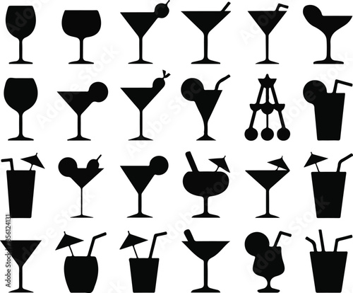 Martini and Cocktail Glass Vector Line Icons Set
