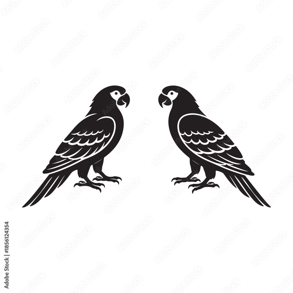 Fototapeta premium Two black parrots facing each other on white background bird black and white
