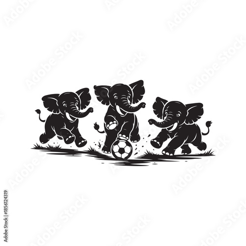 Three cartoon elephants playing soccer on grass football game