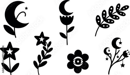 Abstract black floral and celestial shapes vector illustration with moon and star motifs 