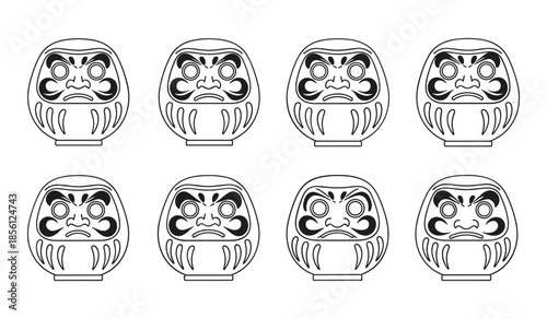 Eight Outline Illustrations of Japanese Daruma Dolls with Expressive Faces Japanese doll drawing