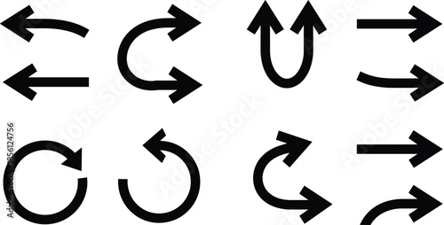 Set of black arrow icons in various directions – straight, curved, circular, double-headed, and turn arrows, vector navigation symbols