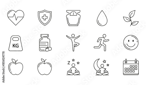 Health and Wellness Icons Line Art Collection heart