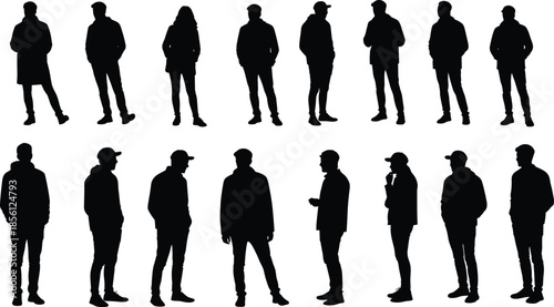 Silhouette of standing people, casual human figures, black vector illustration of men and women in various poses, fashion streetwear design