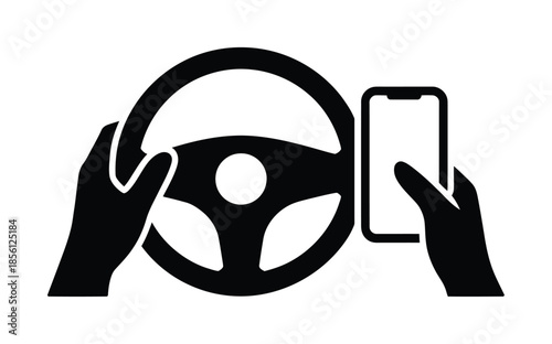 Black vector icon shows steering wheel and mobile phone usage