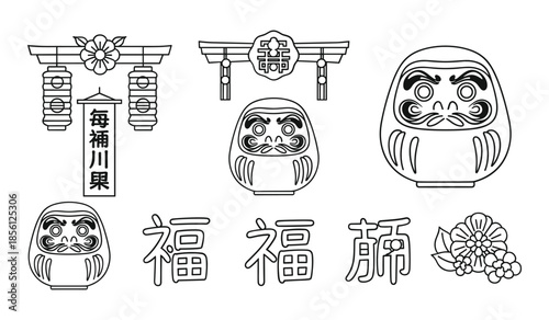 Japanese Daruma Dolls, Torii Gates, and Floral Motifs in Line Art Style vector illustration