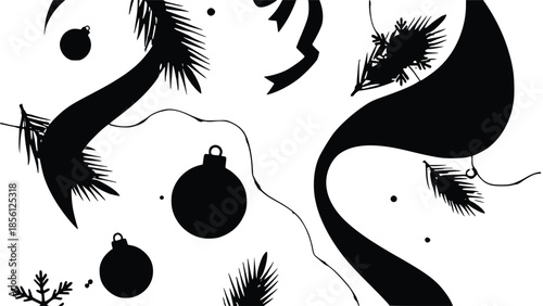 Abstract black and white illustration of christmas tree branches and baubles on white background with artistic strokes and minimalist design elements