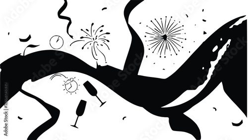 Celebrating moments captured in a whimsical scene with champagne glasses and fireworks in a surreal illustration, conveying joy and festivity in a beautiful black and white artwork
