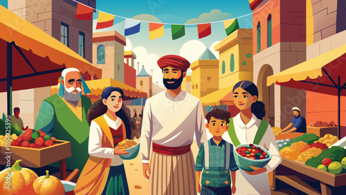 Joyful family enjoying a lively traditional market scene under colorful festive flags