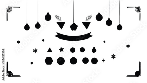 Smiling face formed with christmas decorations and ornaments, festive holiday background with hanging baubles and geometric shapes, perfect seasonal vector design for decoration and celebration