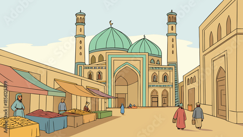 A vibrant market scene in front of a grand mosque with intricate architecture